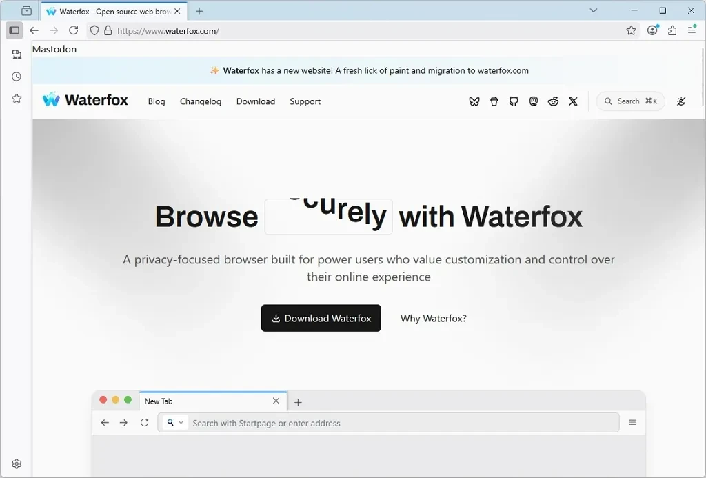 Giao diện trình duyệt Waterfox trên hệ điều hành Windows 11