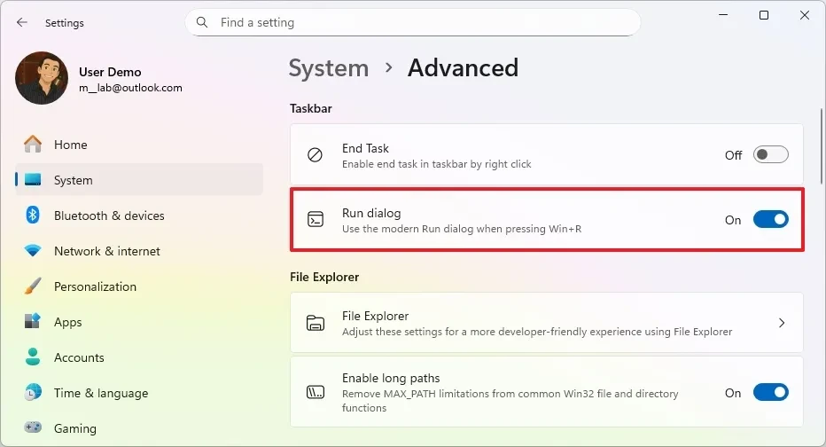 Bật tùy chọn Run dialog trong phần cài đặt hệ thống Windows 11