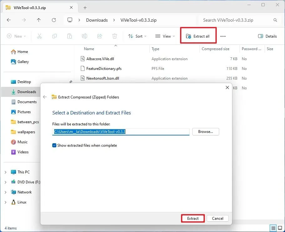 Giao diện giải nén công cụ ViveTool trên Windows 11