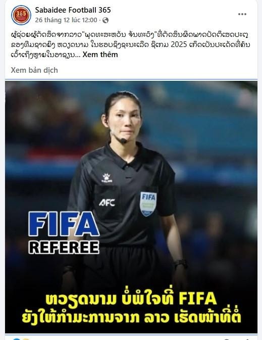 Bài đăng của Sabaidee Football 365 về trọng tài Lào