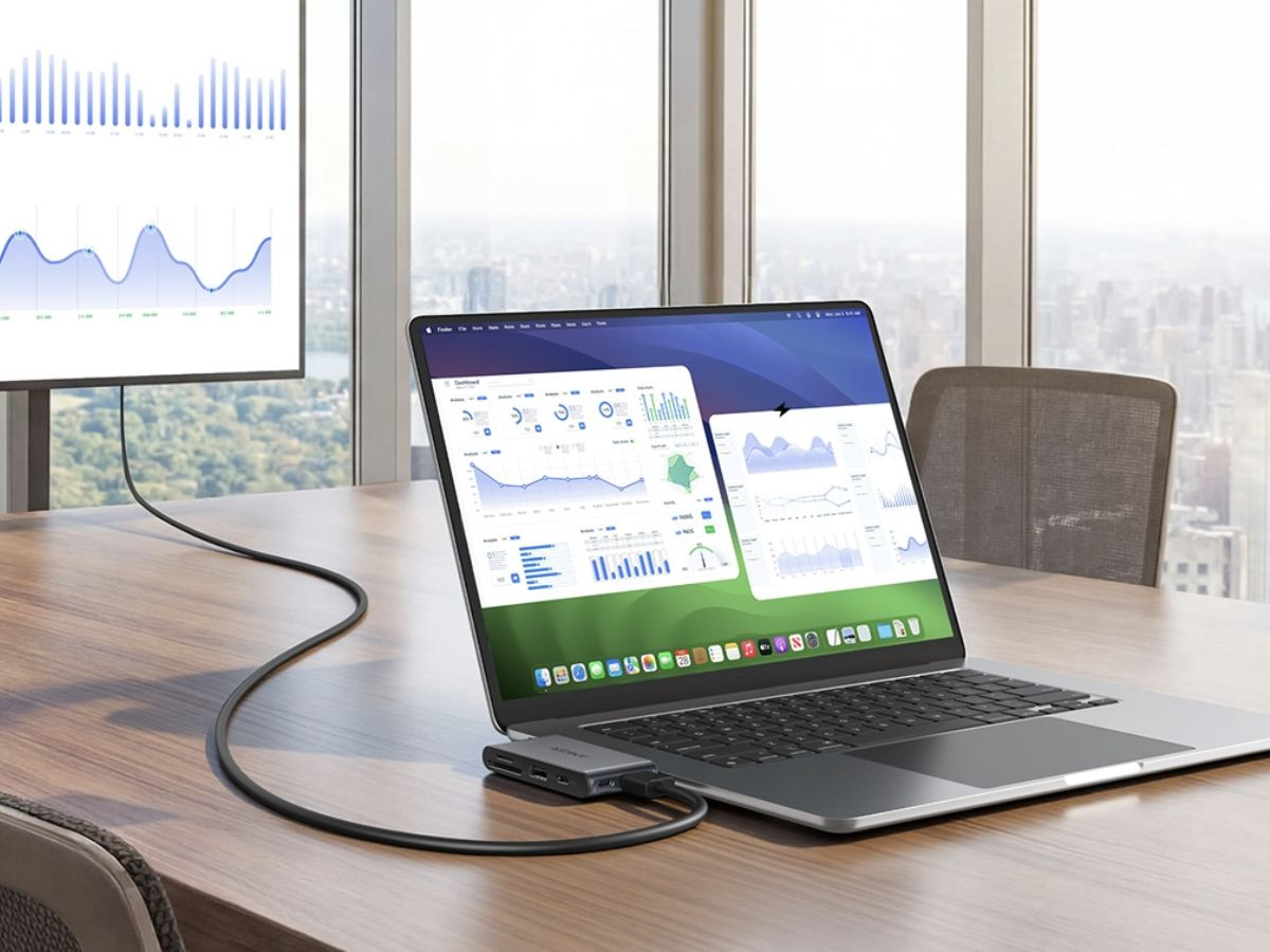 Anker’s new Nano USB-C Hub (pictured alongside a laptop and a monitor) has launched in the UK. (Image source: Anker)