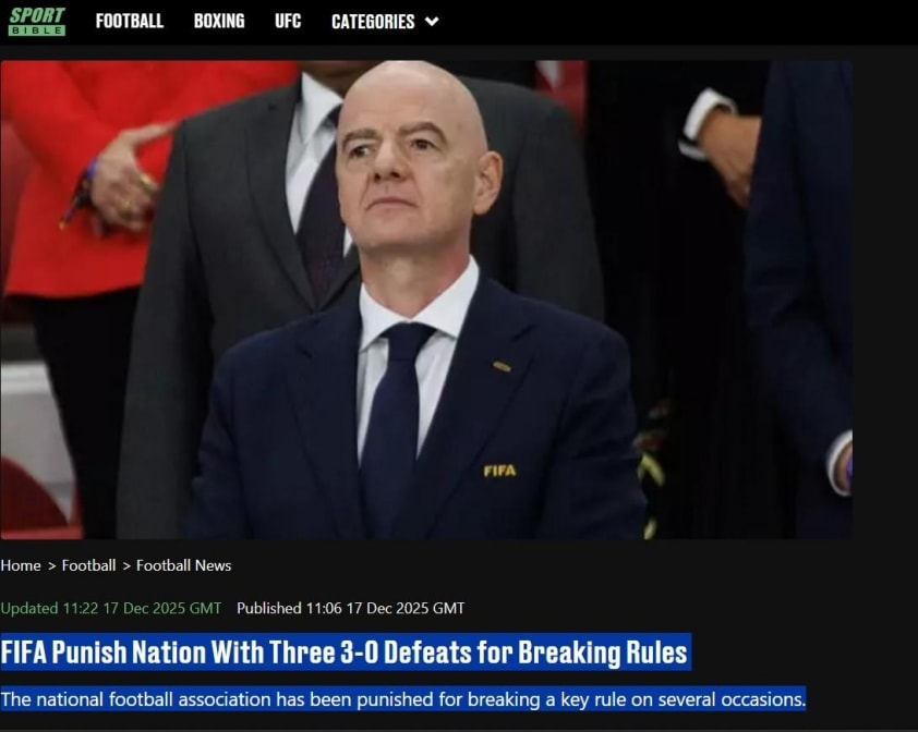 Bài viết trên tờ SportBible về án phạt của FIFA dành cho bóng đá Malaysia