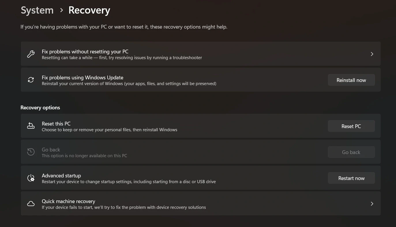 Giao diện Recovery trong Windows Settings