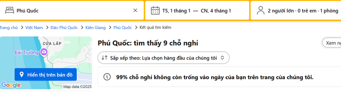 Kết quả tìm kiếm phòng khách sạn tại Phú Quốc trên ứng dụng trực tuyến trưa 29/12