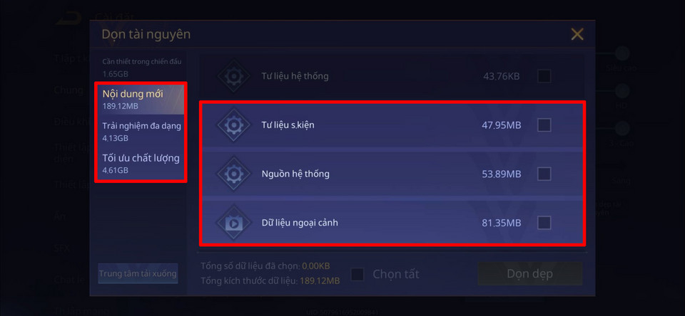 Lựa chọn các gói tài nguyên cần xóa