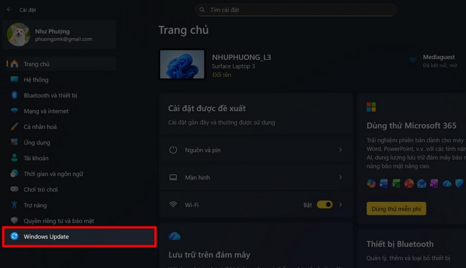 Mở Windows Update để kiểm tra các bản vá hệ thống
