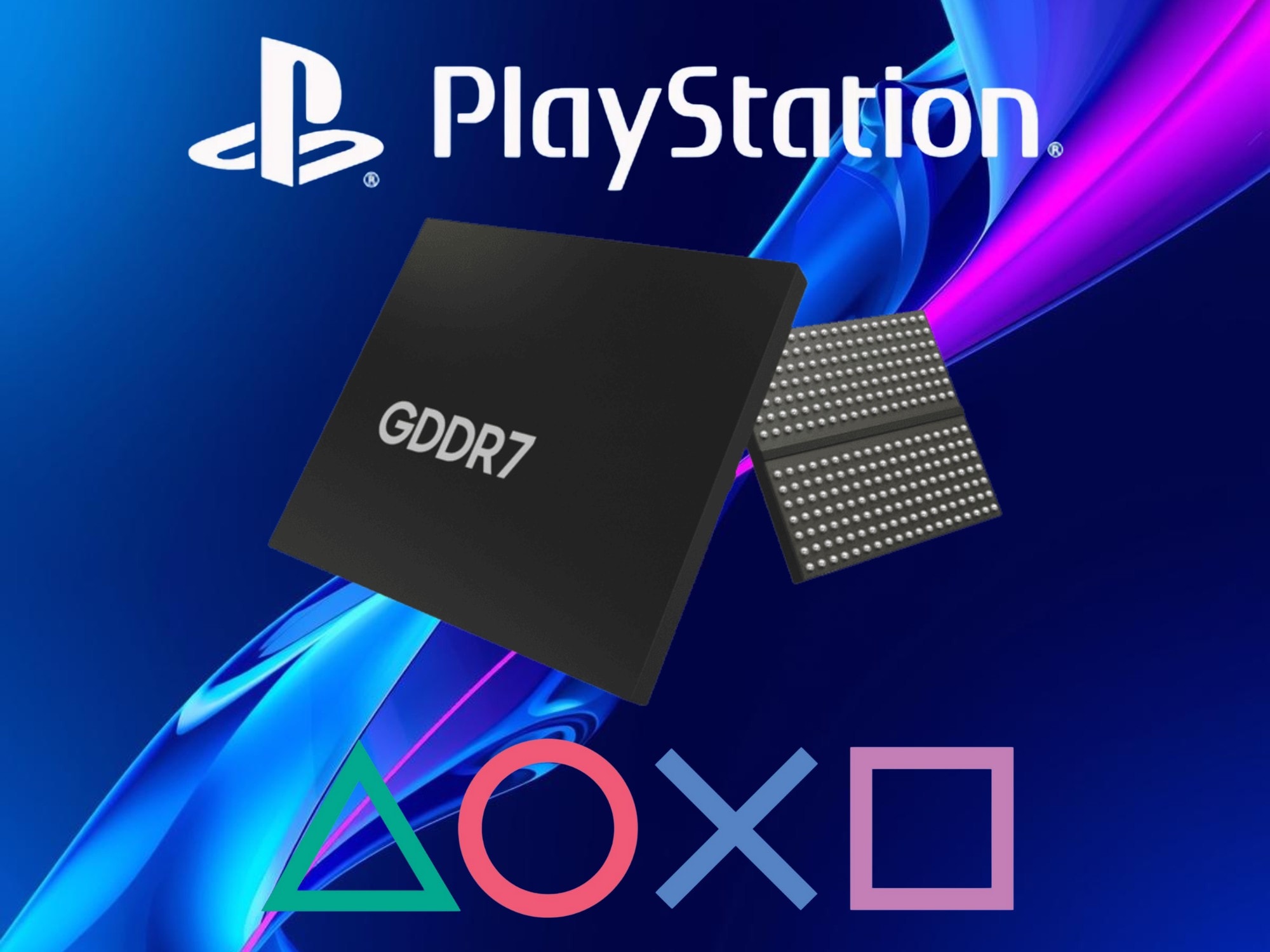 Logo PlayStation và mô phỏng bộ nhớ GDDR7 sắp có mặt trên thế hệ console mới