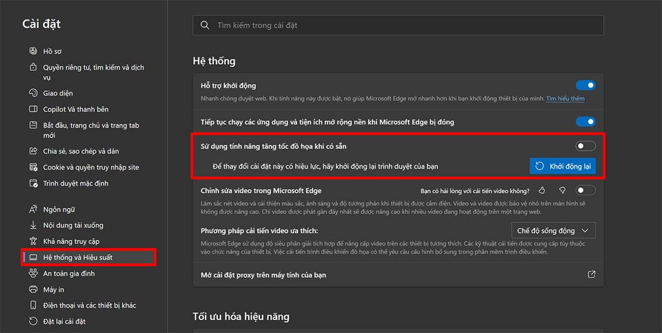 Tắt mục sử dụng tăng tốc phần cứng trong cài đặt hệ thống