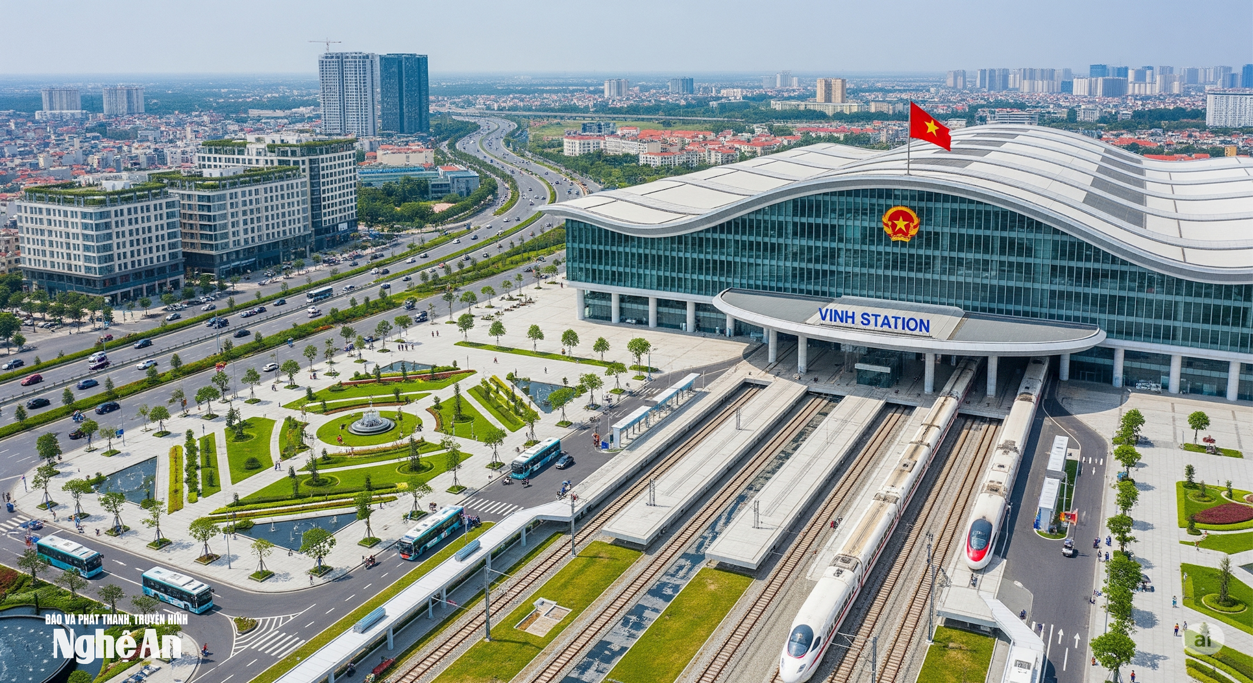 Hình minh họa ga Vinh và tàu cao tốc trên tuyến Bắc - Nam. Ảnh: Gemini