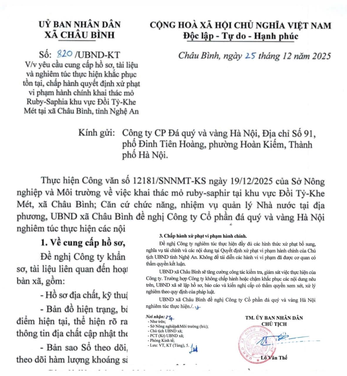 Văn bản số 820/UBND-KT ngày 25/12/2025 của UBND xã Châu Bình gửi Công ty CP Đá quý và vàng Hà Nội. Ảnh: Nhật Lâ