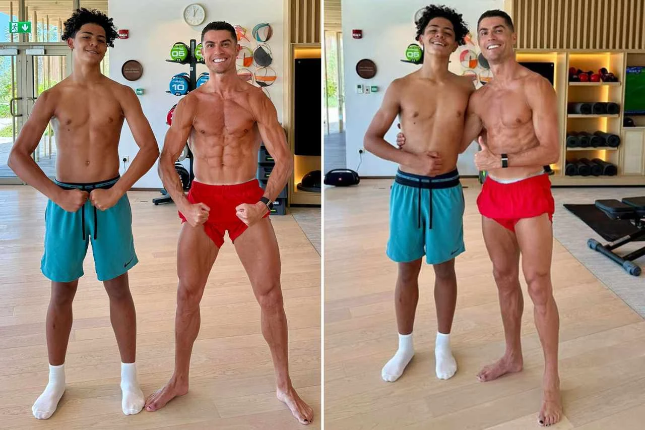 Thể hình vượt trội của Cristiano Jr. khi đứng cạnh cha