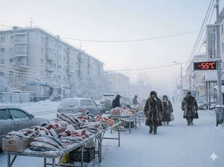 Thành phố Yakutsk chìm trong sương mù và băng giá vào mùa đông.