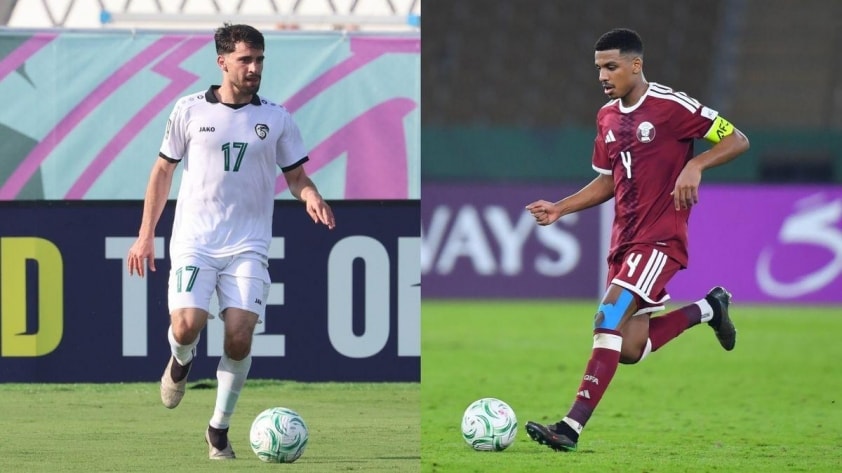 Cầu thủ U23 Syria và U23 Qatar trong một pha tranh chấp bóng