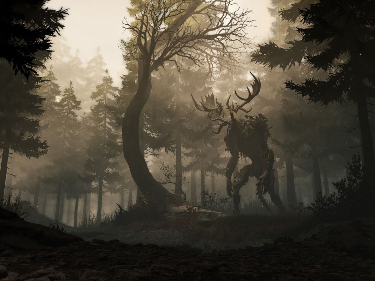Hình ảnh từ trò chơi GreedFall mô tả một khu rừng và một sinh vật huyền bí.