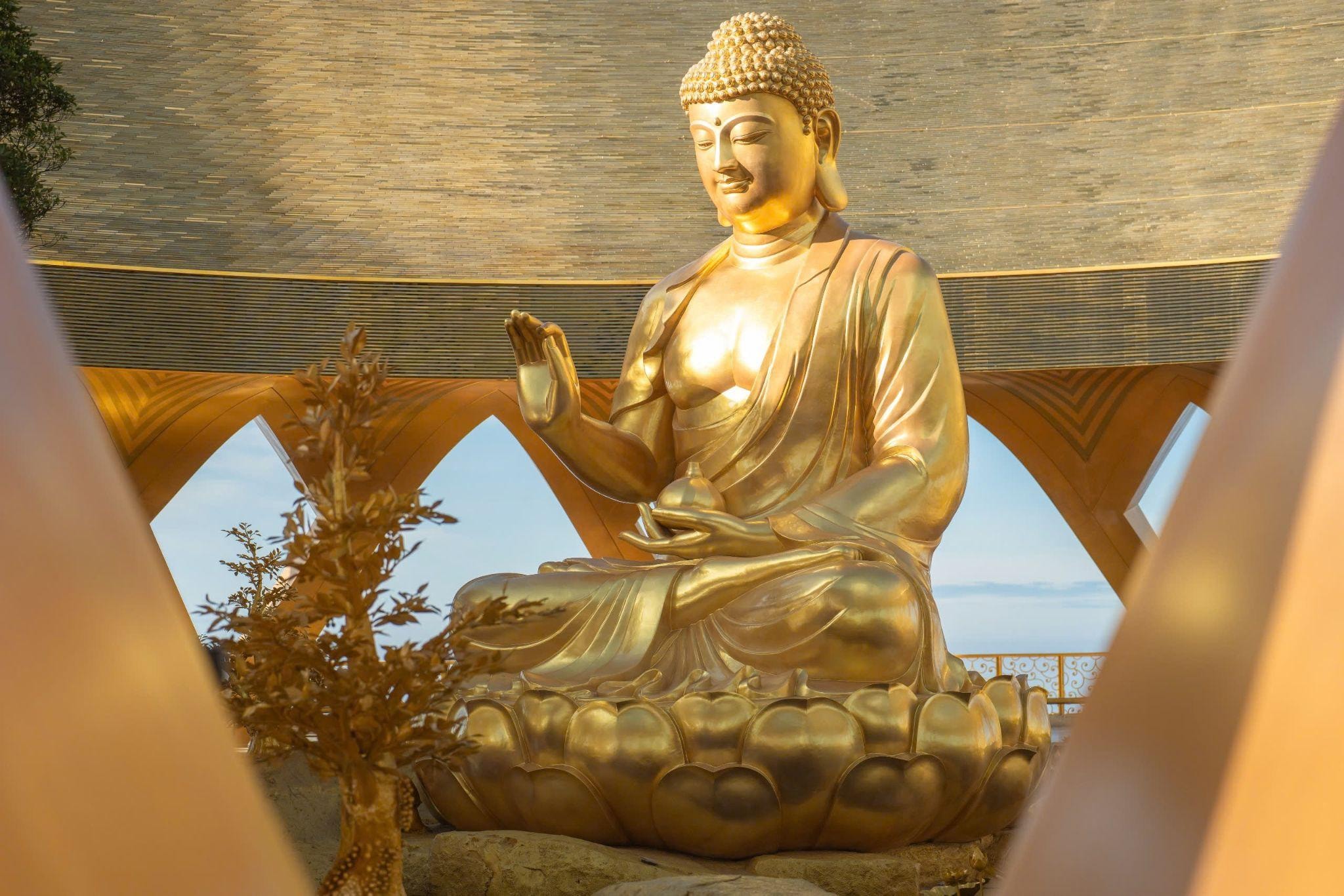 Tượng Đức Phật Câu Na Hàm Mâu Ni tại Sun World Ba Den Mountain với sắc vàng rực rỡ.