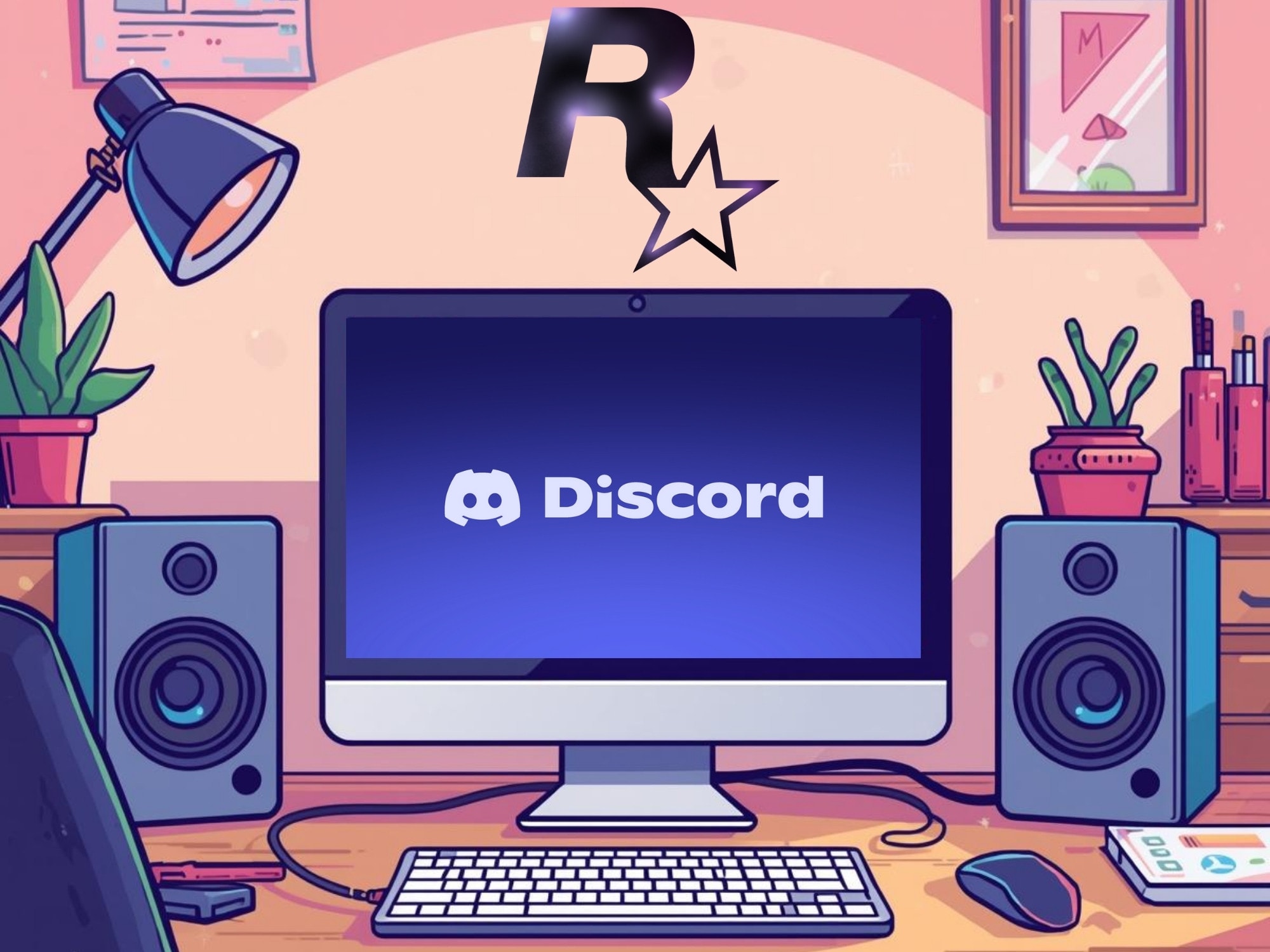 Discord seen on PC monitor below Rockstar Games logo