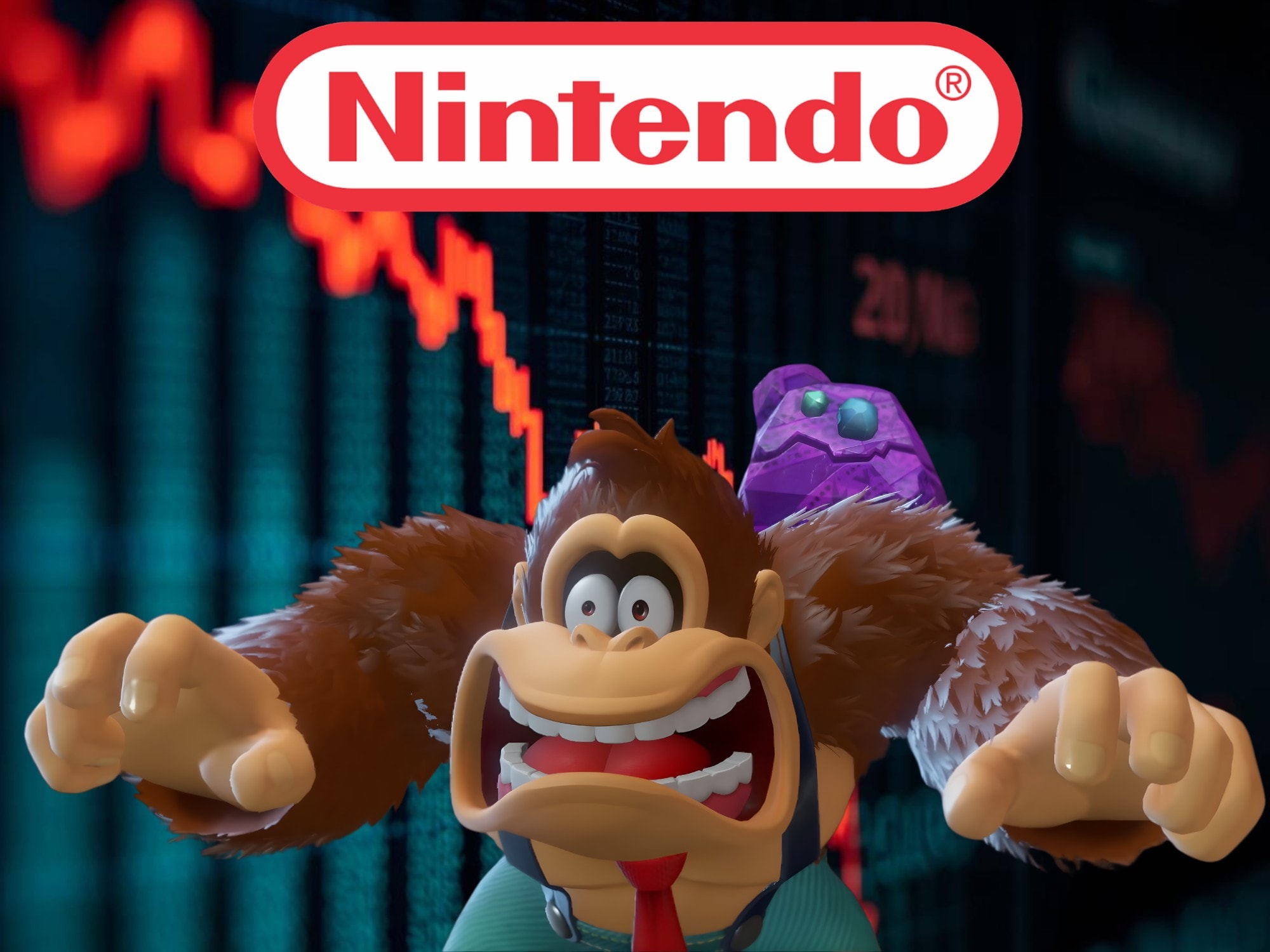 Biểu đồ chứng khoán Nintendo đang giảm điểm với hình ảnh Donkey Kong