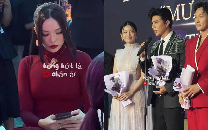 Kỳ Duyên sử dụng điện thoại khi Steven Nguyễn phát biểu