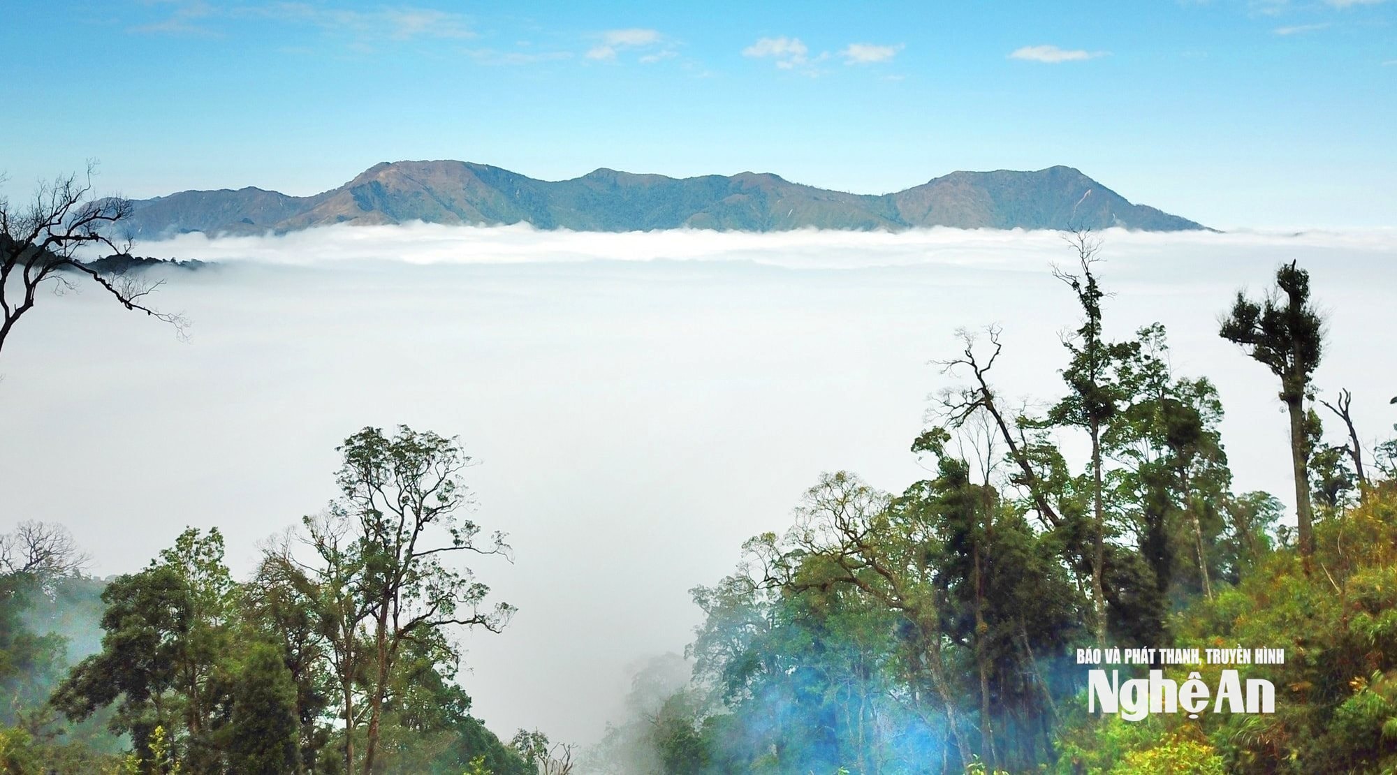 Đỉnh Phu Xai Lai Leng ( xã biên giới Na Ngoi) nổi lên giữa một biển mây trắng xốp bao la. Ảnh tư liệu Hoàng Hà