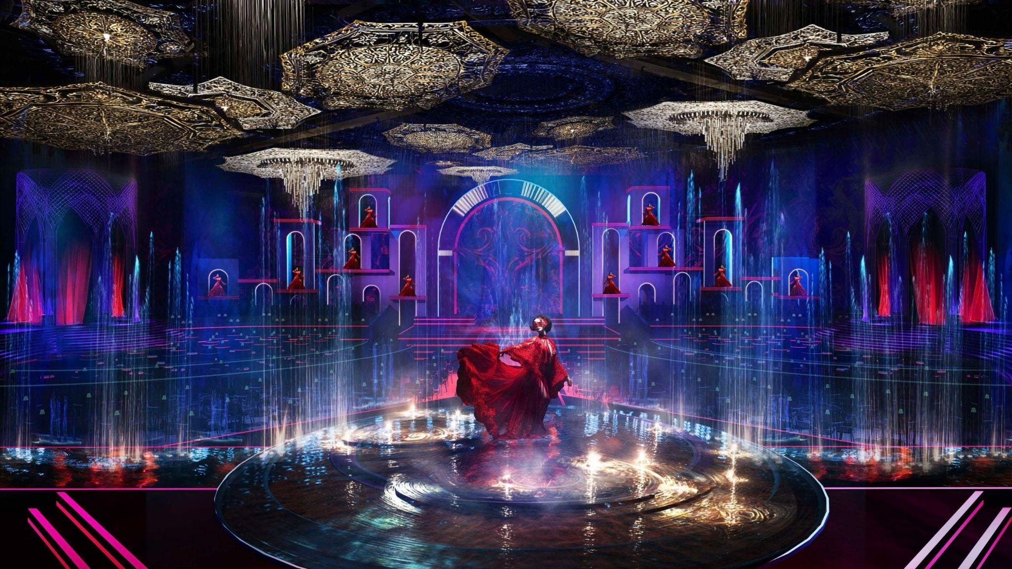 Không gian dinner show với sân khấu trình diễn đa tầng, kết hợp ánh nhạc và ánh sáng dàn dựng ấn tượng.