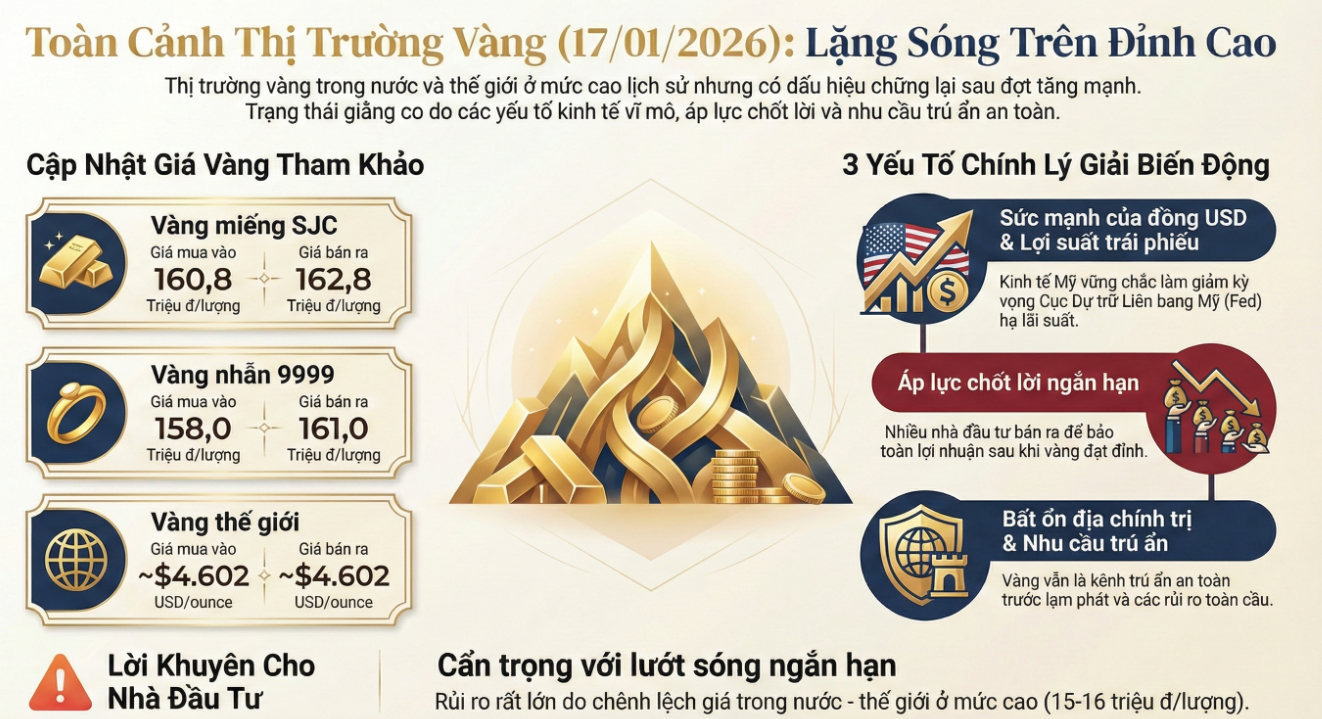 Thị trường vàng ngày 17/1/2026 lặng sóng trên đỉnh cao