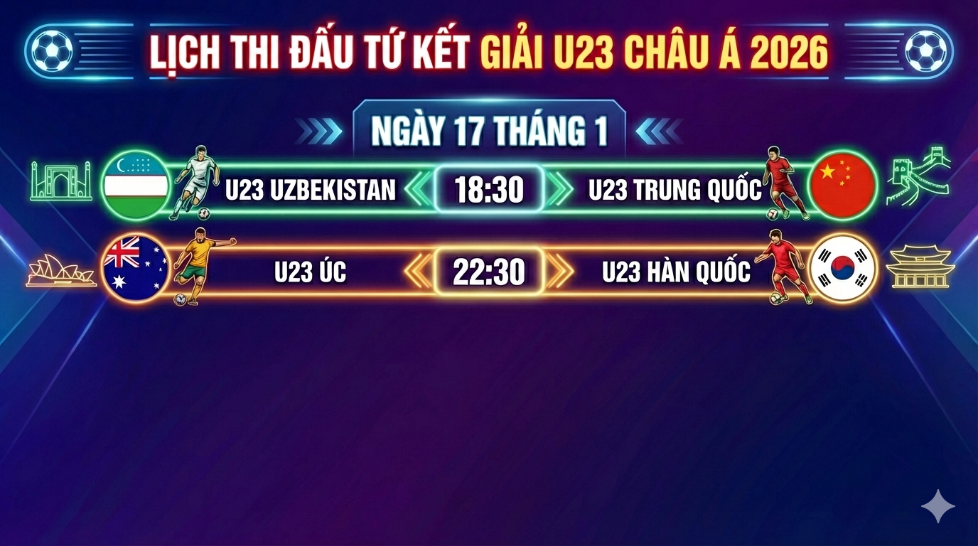 Lịch thi đấu tứ kết U23 châu Á 2026 hôm nay 17 1