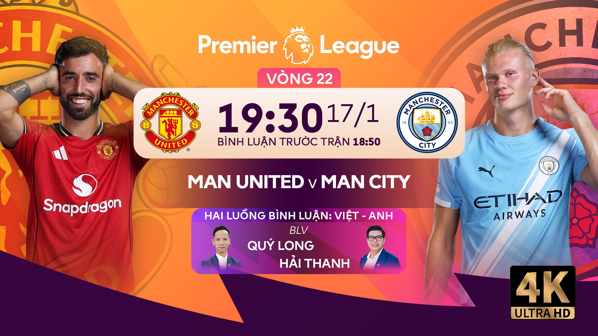 Trực tiếp Man Utd đấu với Man City 19h30 ngày 17/1/2026 