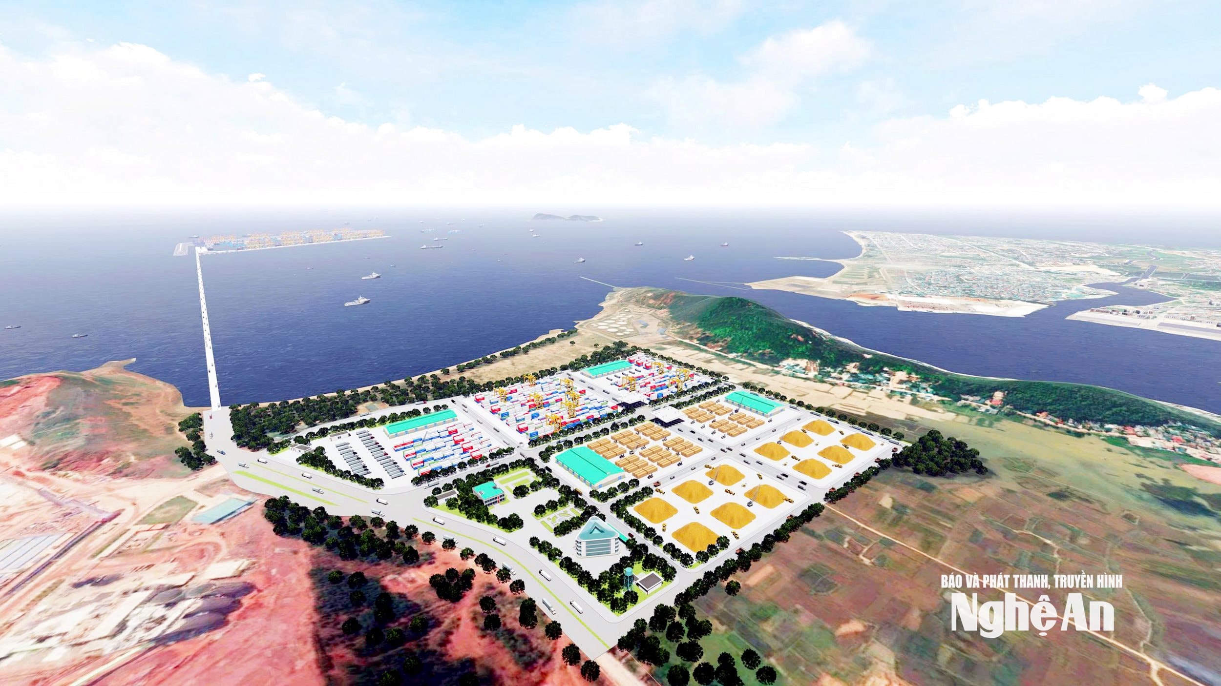 Phối cảnh Khu hậu phương cảng trong đất liền thuộc địa bàn xóm Quyết Tiến, xã Hải Lộc thuộc Dự án đầu tư xây dựng và kinh doanh Cảng nước sâu Cửa Lò. Ảnh CSCC