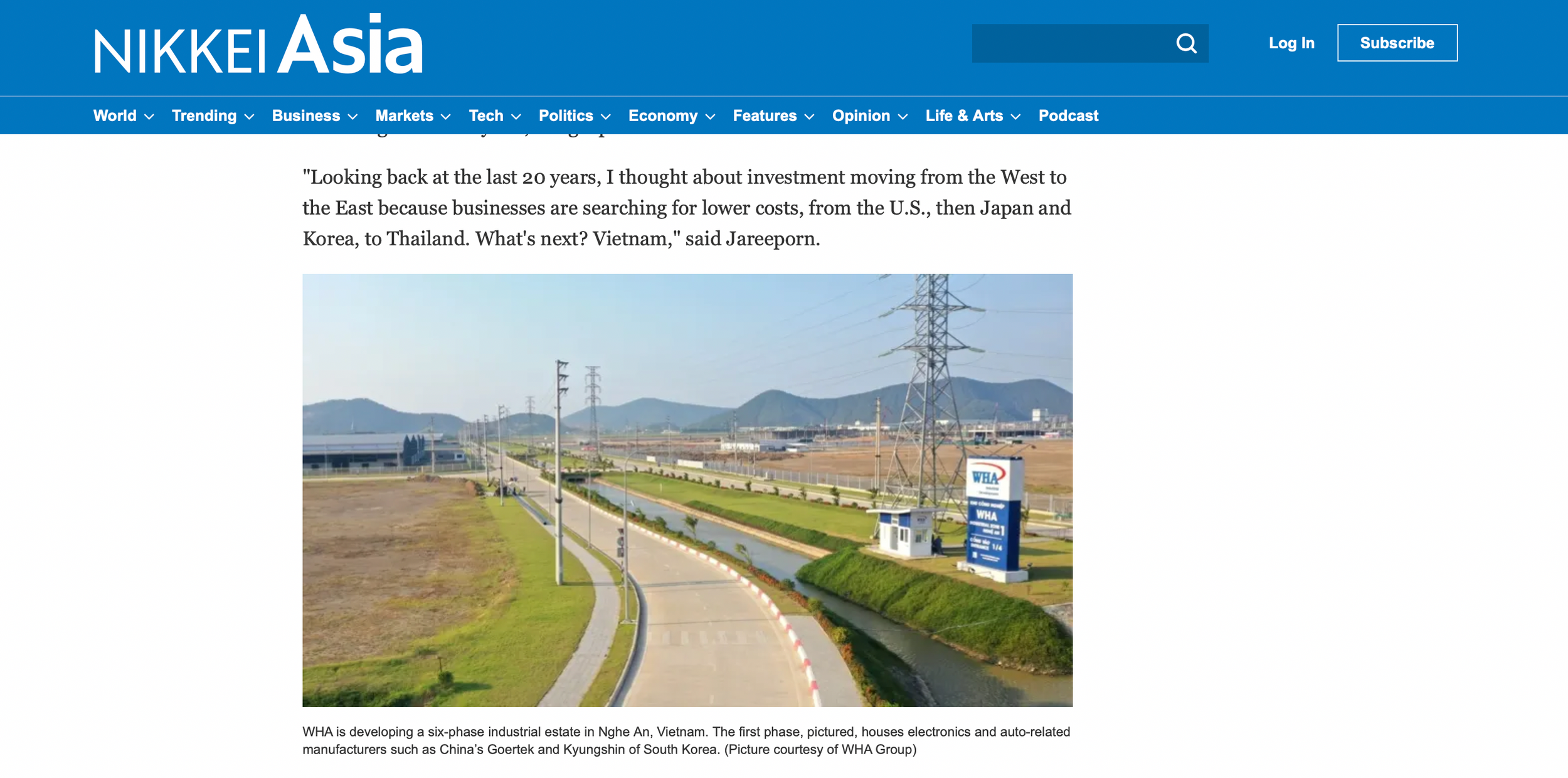 Tờ Nikkei Asia của Nhật Bản đưa tin Tập đoàn WHA đầu tư KCN WHA Industrial Zone 1 - Nghệ An tại Nghjê An