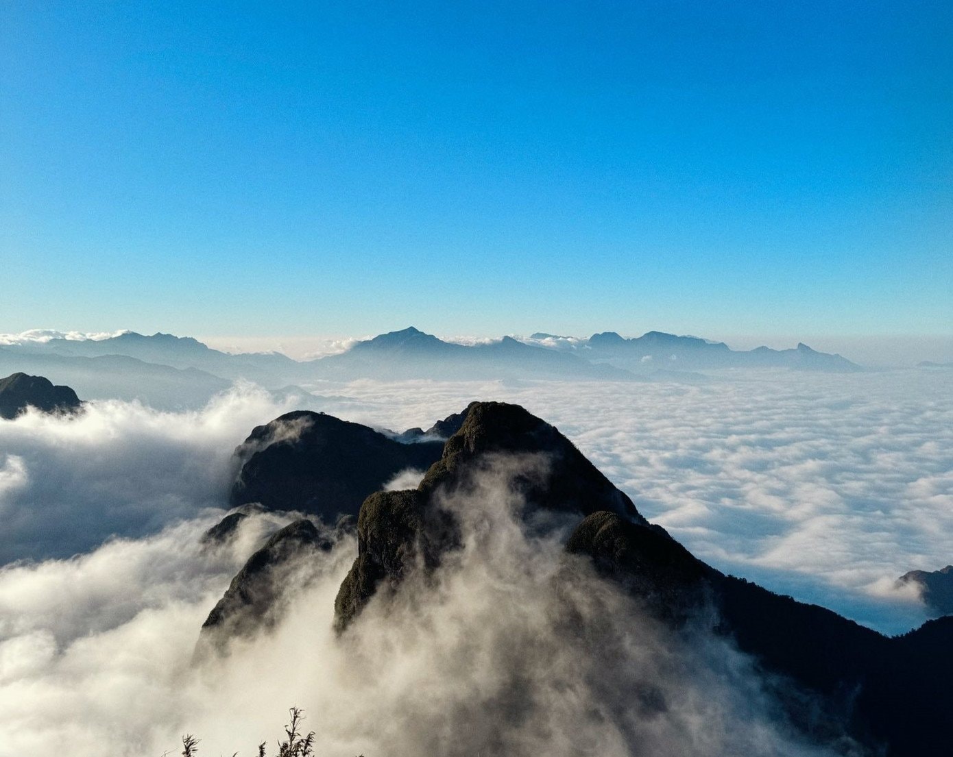 Biển mây bồng bềnh bao phủ các đỉnh núi dưới ánh nắng hoàng hôn rực rỡ tại Ngũ Chỉ Sơn.