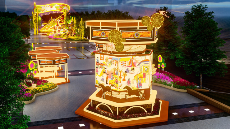 Đèn kéo quân khổng lồ rực rỡ về đêm tại đường hoa