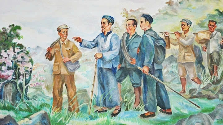 Tranh vẽ sự kiện Bác Hồ đặt những bước chân đầu tiên trở về nước qua cột mốc mang số hiệu 108.(Tranh Trịnh Phòng)