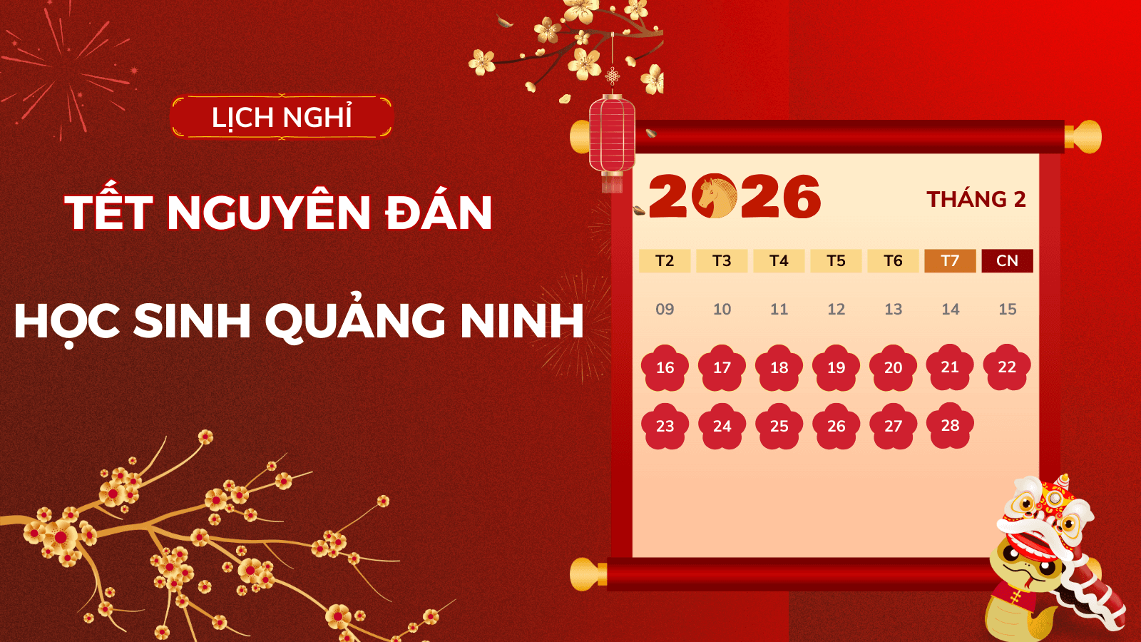 Lịch nghỉ Tết Âm lịch 2026 của học sinh Quảng Ninh