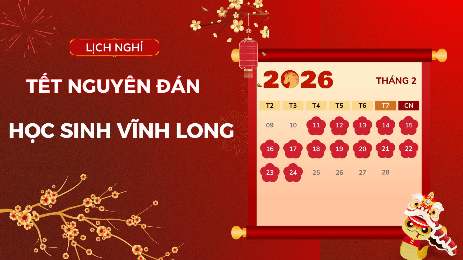 Lịch nghỉ Tết Âm lịch 2026 của học sinh Vĩnh Long