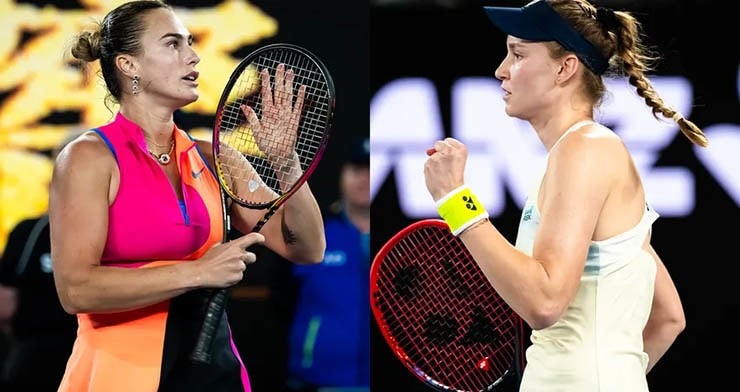 Sabalenka (bên trái) so tài Rybakina ở chung kết Australian Open 2026