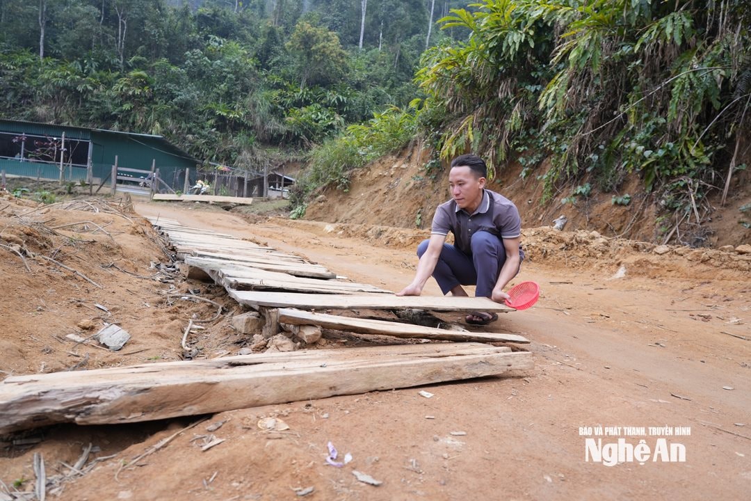 Đường vào bản bị cuốn trôi sau những trận mưa lũ trong năm 2025 nên bà con phải lát gỗ để nối đường. Ảnh TP