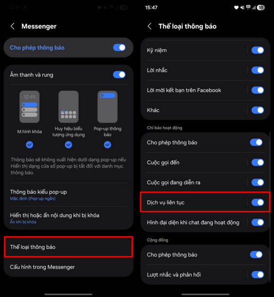 Tắt mục Dịch vụ liên tục trong Messenger