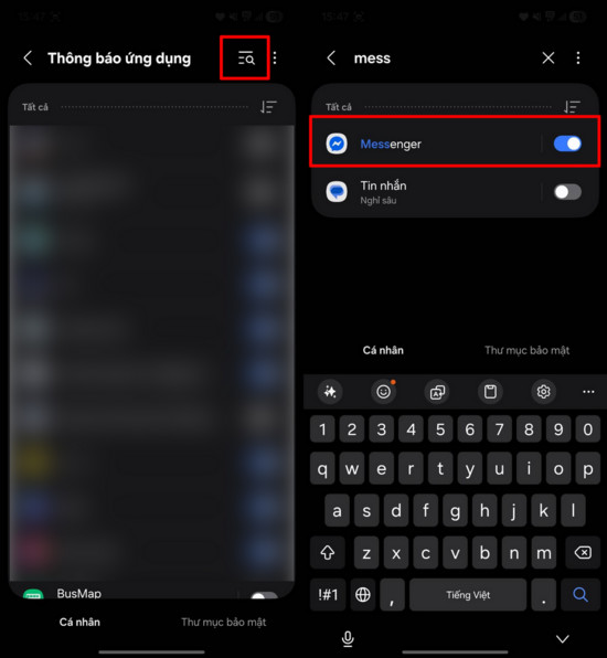 Chọn ứng dụng Messenger trong danh sách thông báo