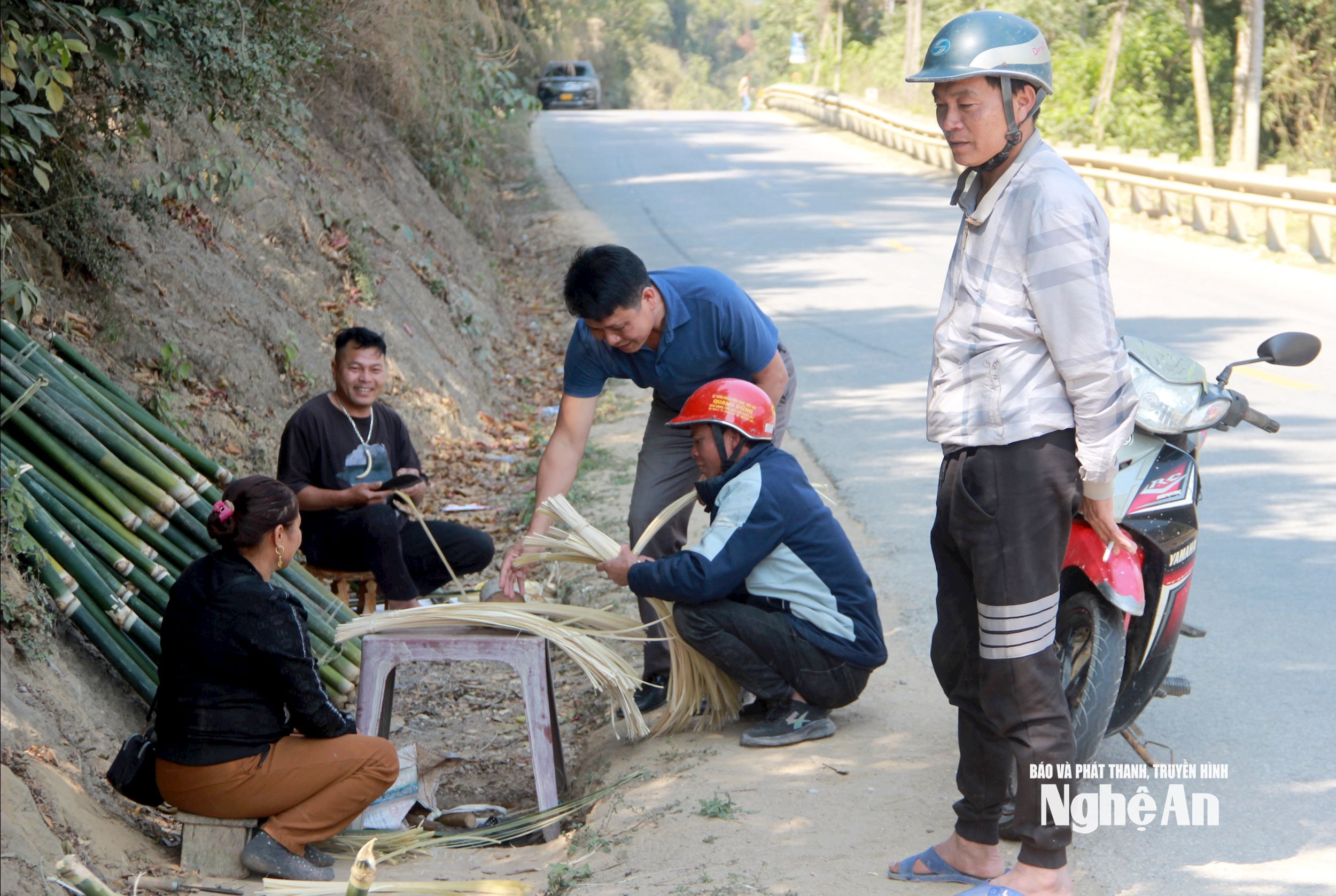 Khách hàng dừng chân bên Quốc lộ 7 để chọn mua lạt giang, chuẩn bị gói bánh chưng, bánh tét dịp Tết. Ảnh: Quang An.