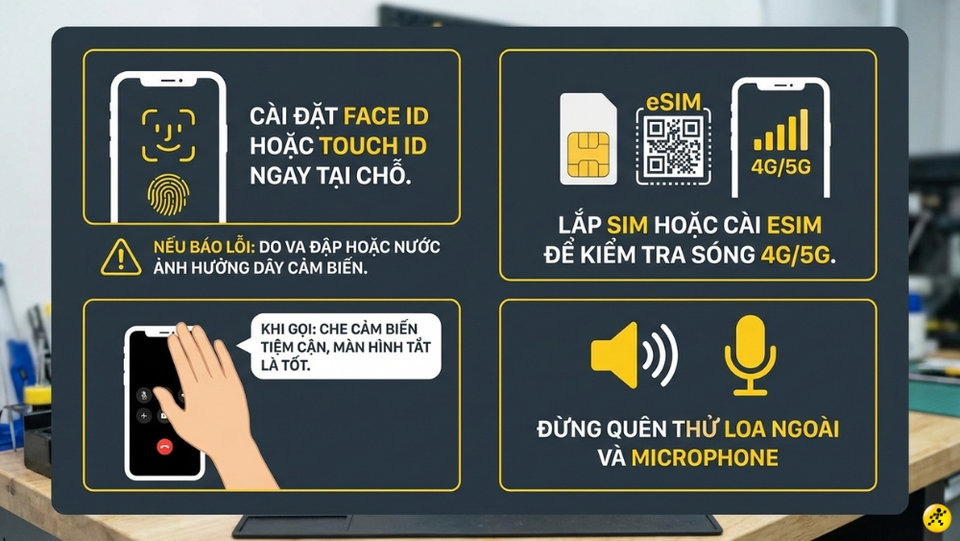Kiểm tra tính năng bảo mật Face ID và các kết nối mạng