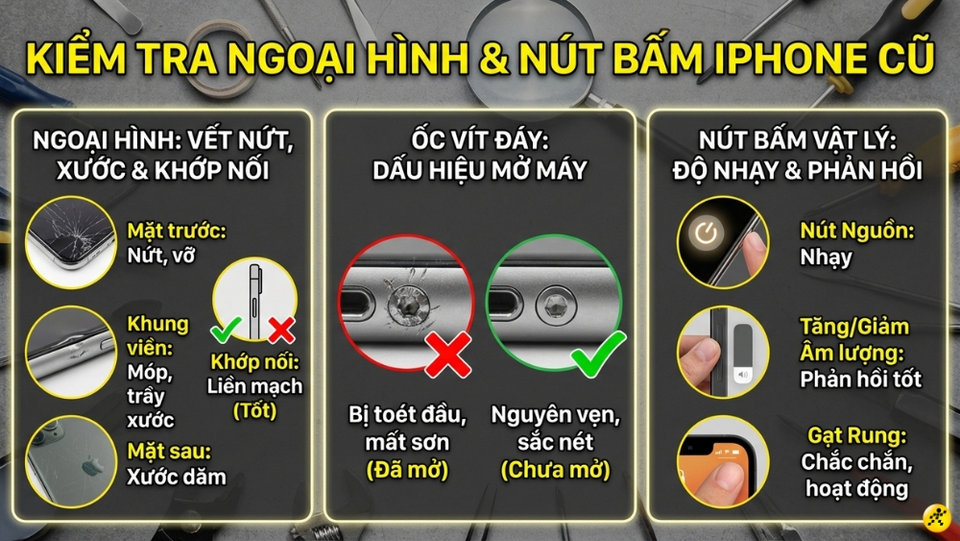 Kiểm tra ngoại hình và các phím vật lý trên iPhone cũ