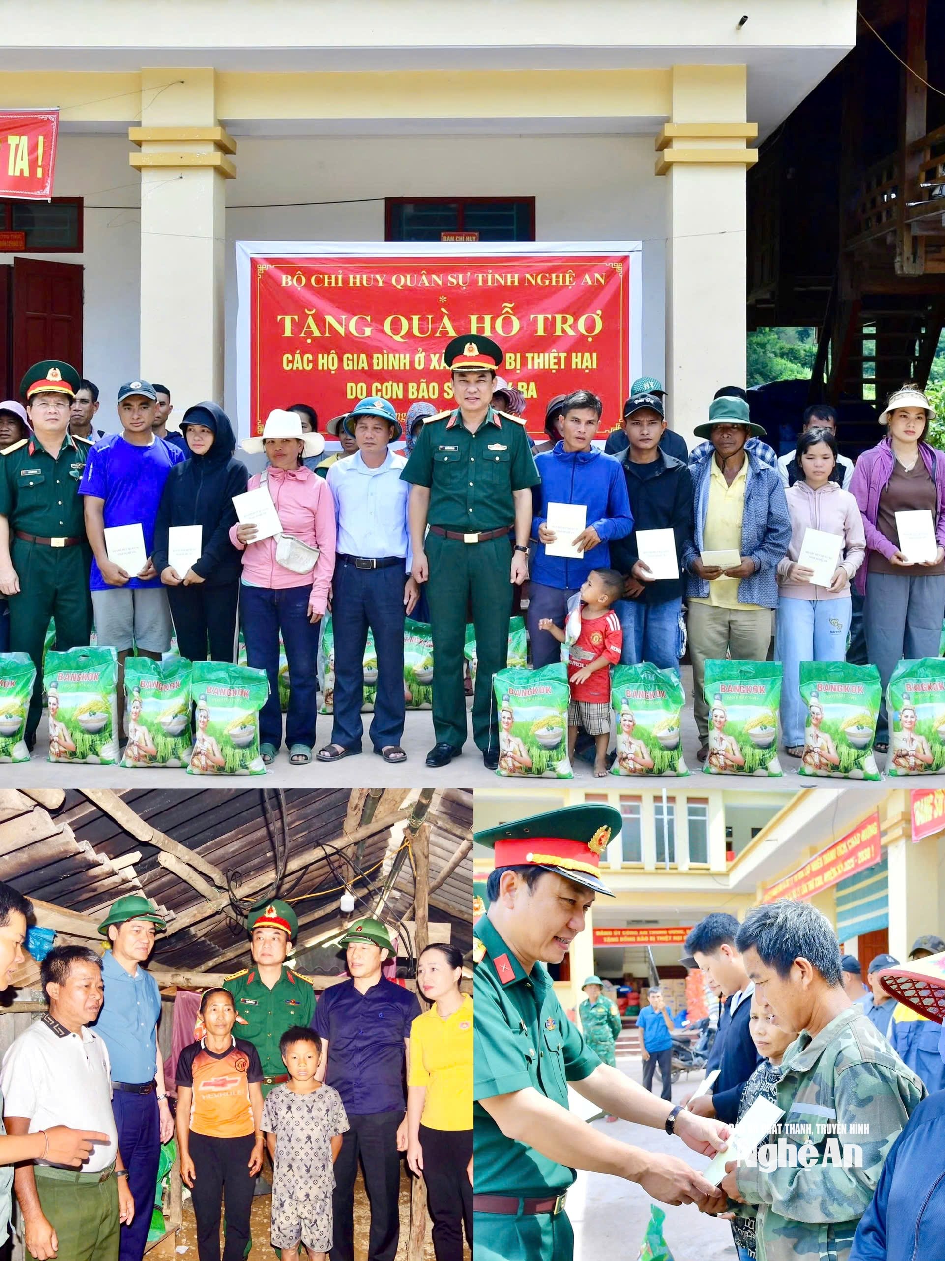 Đồng chí Chính ủy Bộ CHQS tỉnh thăm, tặng quà hỗ trợ cho người dân bị ảnh hưởng bởi thiên tai tại các xã vùng cao tỉnh Nghệ An. Những món quà mang nặng nghĩa tình quân dân, là nguồn động viên kịp thời giúp bà con sớm vượt qua khó khăn, ổn định cuộc sống. Ảnh: Trần Dũng