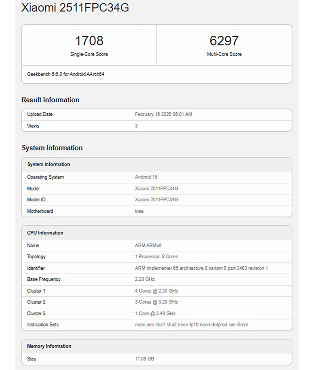 Thông số cấu hình POCO X8 Pro trên Geekbench