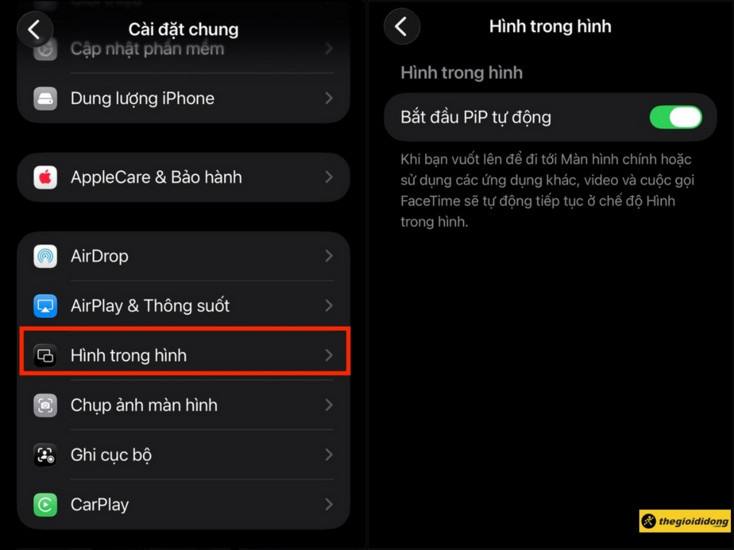 Kích hoạt tính năng Hình trong hình tự động