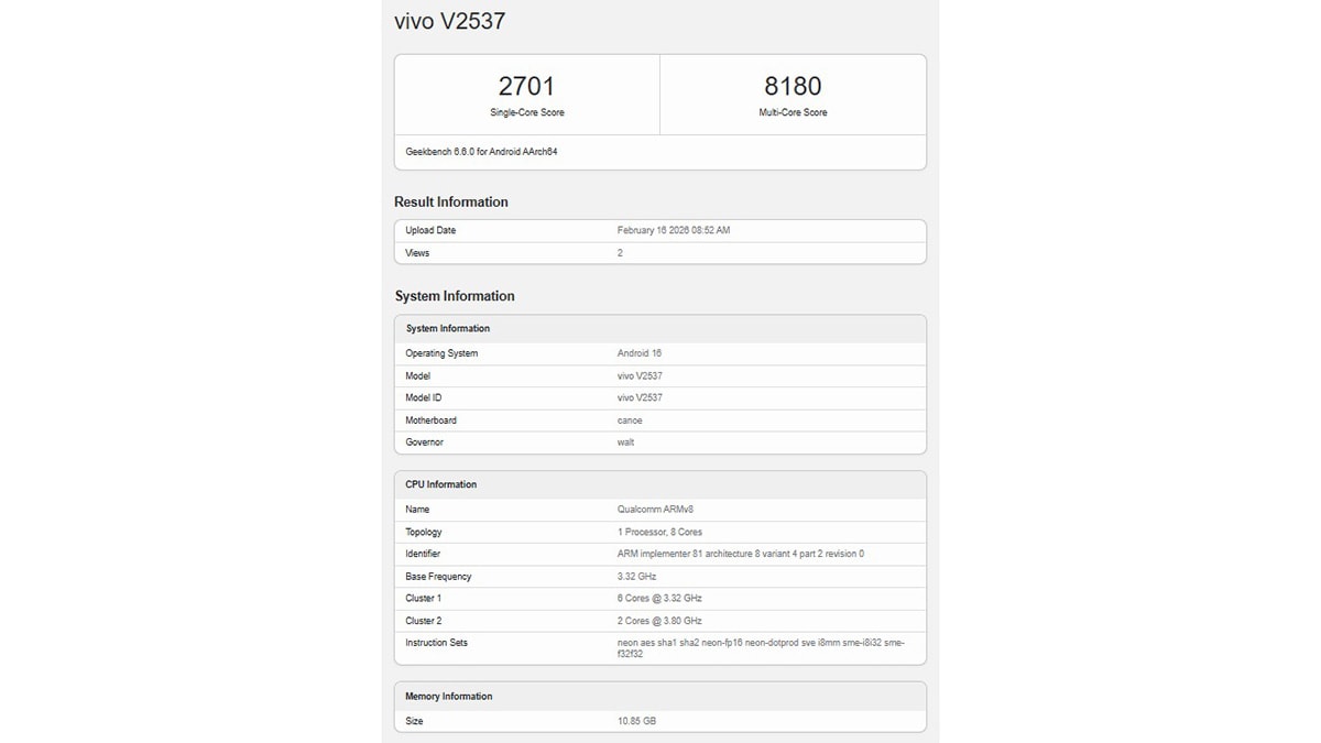 Bảng điểm Geekbench của vivo X300 FE cho thấy điểm số đơn nhân và đa nhân cao