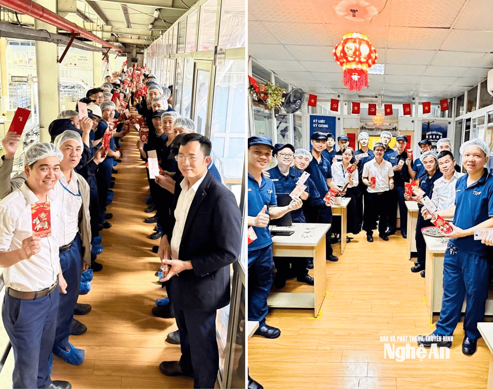 Đoàn viên, người lao động Công ty CP Sữa TH hào hứng nhận mừng tuổi từ lãnh đạo doanh nghiệp trong ngày làm việc đầu tiên. Ảnh: CSCC