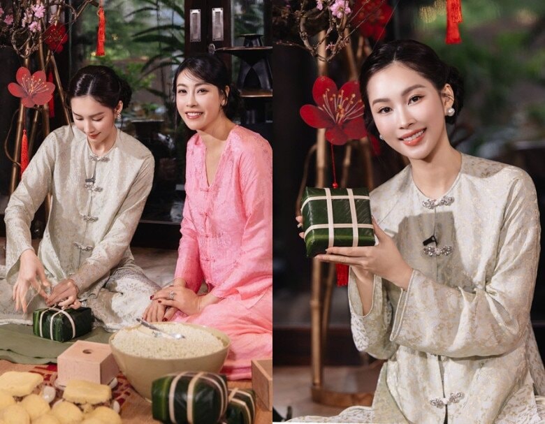 Hoa hậu Đặng Thu Thảo học gói bánh chưng