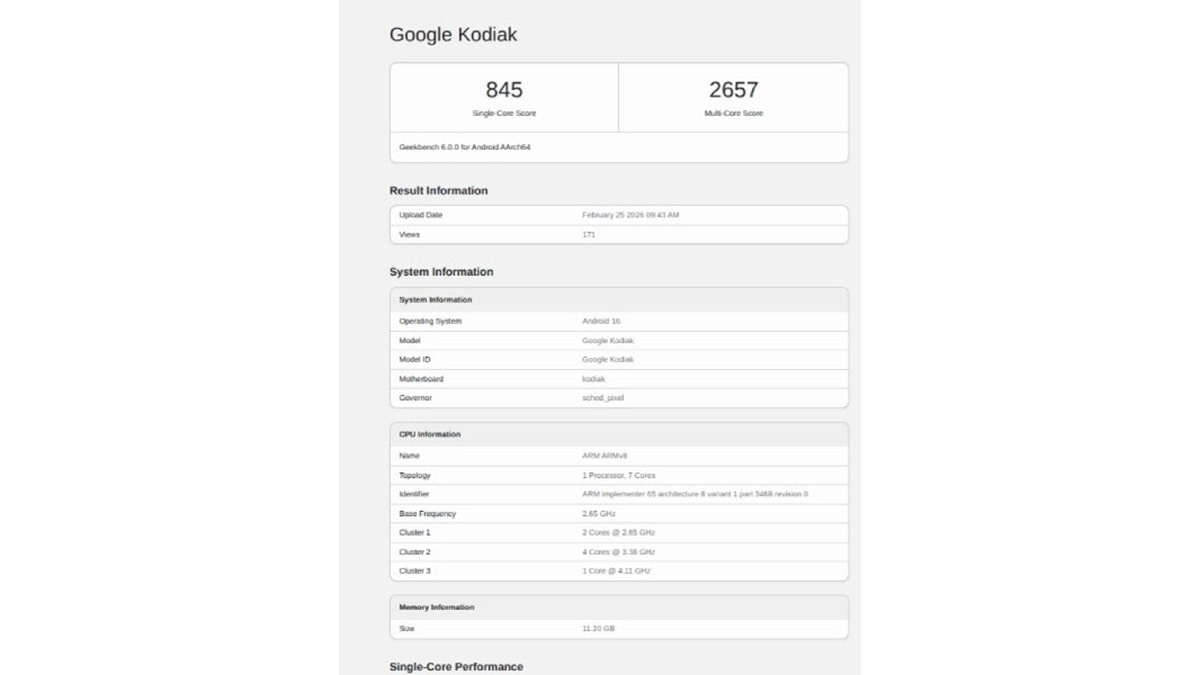 Bảng điểm Geekbench được cho là của Pixel 11 với chip Tensor G6