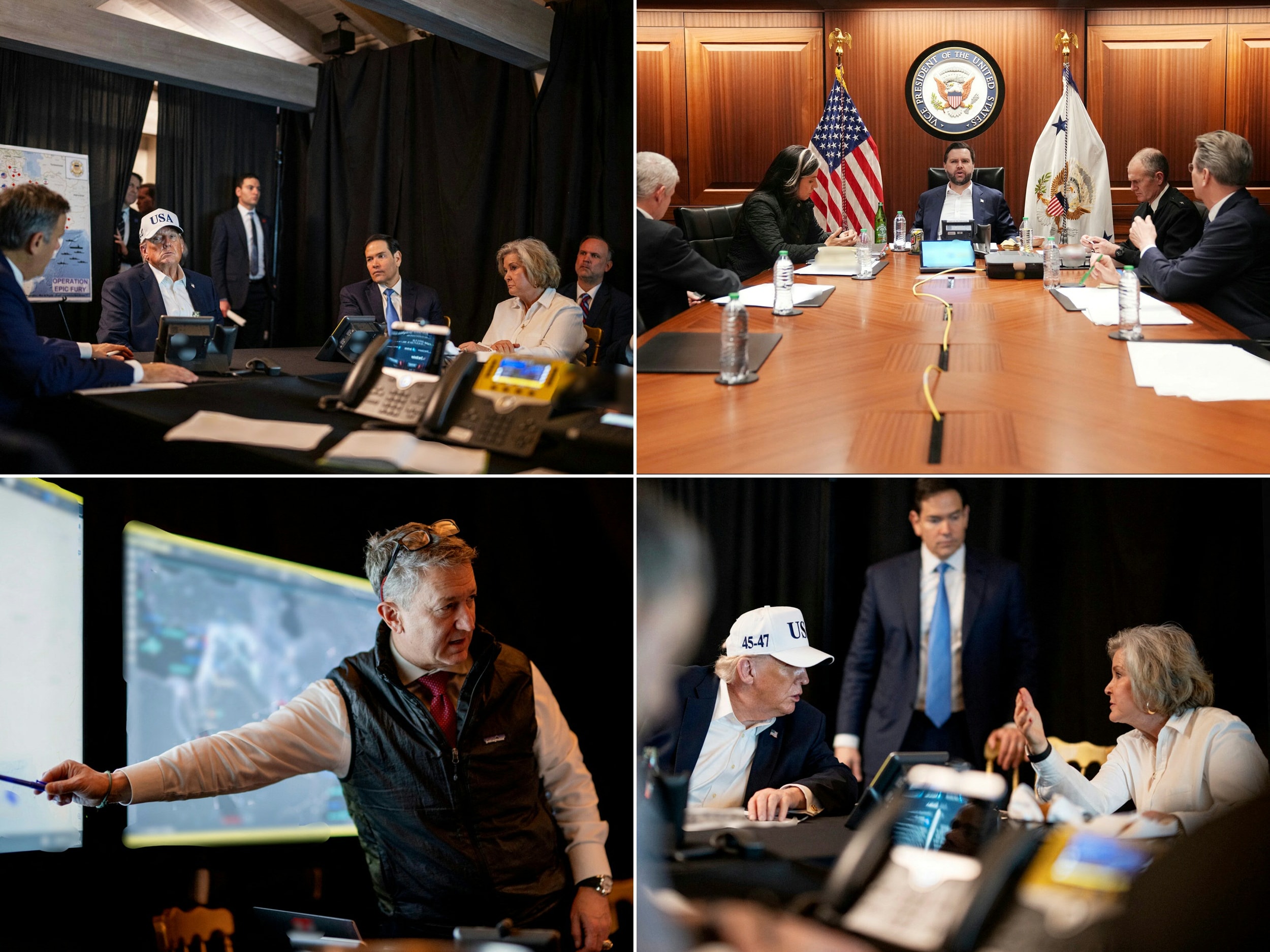Loạt ảnh do Nhà Trắng công bố ngày 28/2 ghi lại cảnh Tổng thống Donald Trump, Phó Tổng thống JD Vance cùng các thành viên nội các (Ngoại trưởng Marco Rubio, Chánh văn phòng Susie Wiles...) theo dõi sát sao chiến dịch tấn công Iran từ Phòng Tình huống và một địa điểm không được tiết lộ. Ảnh: Nhà Trắng/X