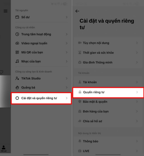 Truy cập vào phần Quyền riêng tư trong ứng dụng TikTok